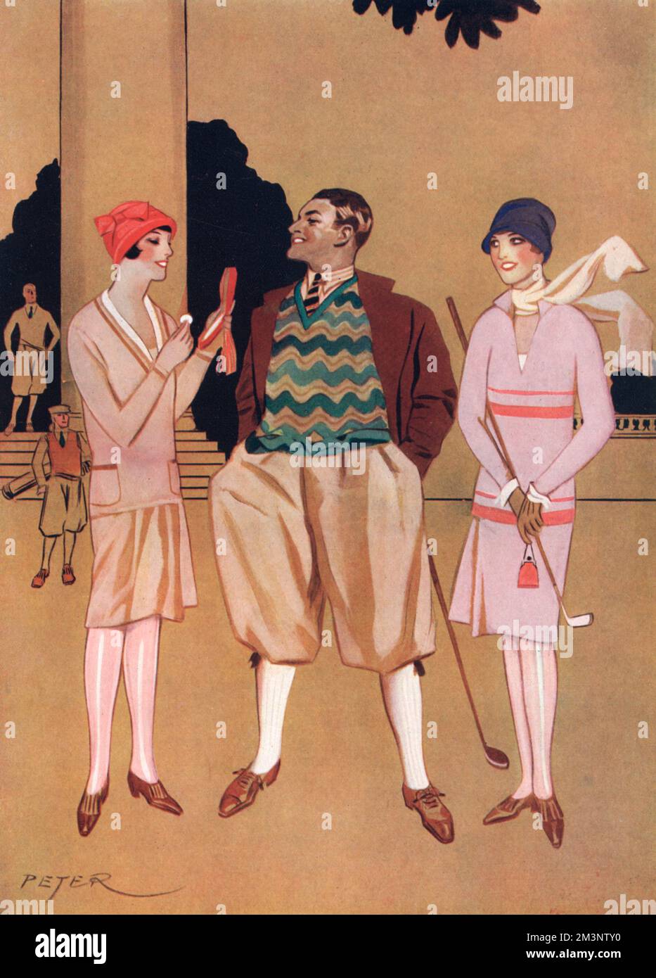 Illustration showing a fashionable trio at famous Scottish golf course, Gleneagles.  The chap in the middle wears wide plus fours and a lurid, patterned tank top.  They wait until one of the lady golfers has powdered her nose before going to tee off.     Date: 1927 Stock Photo