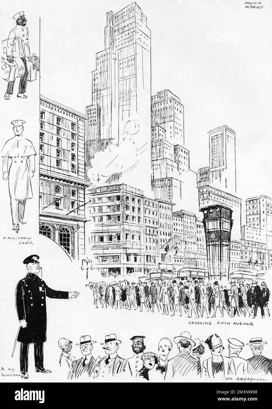 A first impression of New York by the Bystander's globe-trotting lady artist-reporter, Helen McKie showing its famous skyscrapers and the multi-racial crowds in Fifth Avenue and on Broadway.     Date: 1927 Stock Photo