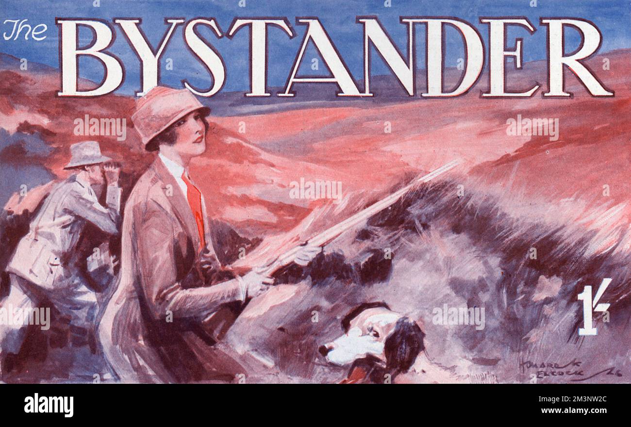 Illustrated masthead design for the outer cover of the Bystander magazine featuring a woman on the grouse moors enjoying some shooting on the Glorious Twelfth.     Date: 1927 Stock Photo