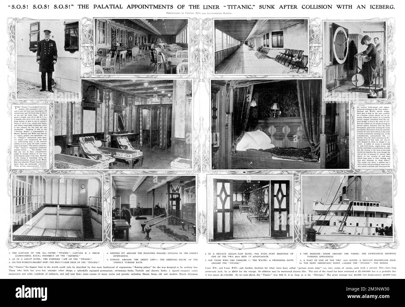 A double page spread from the Illustrated London News following the sinking of the Titanic, showing some of the most well appointed interiors of the luxurious ship including a four-poster bed in the 870 first class apartments, the swimming pool, gymnasium, promenade deck (including a private one accompanying the 870 suite), cooling room of the Turkish bath and the Parisian cafe.  Picture 1 shows Captain E. J. Smith, who went down with the ship.     Date: 1912 Stock Photo