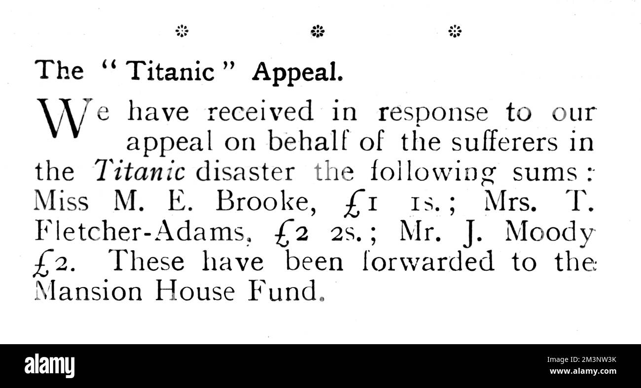 Small piece of editorial in The Tatler magazine reporting on the significant donations made in response to their appeal to their readers to help victims of the Titanic disaster.     Date: 1912 Stock Photo