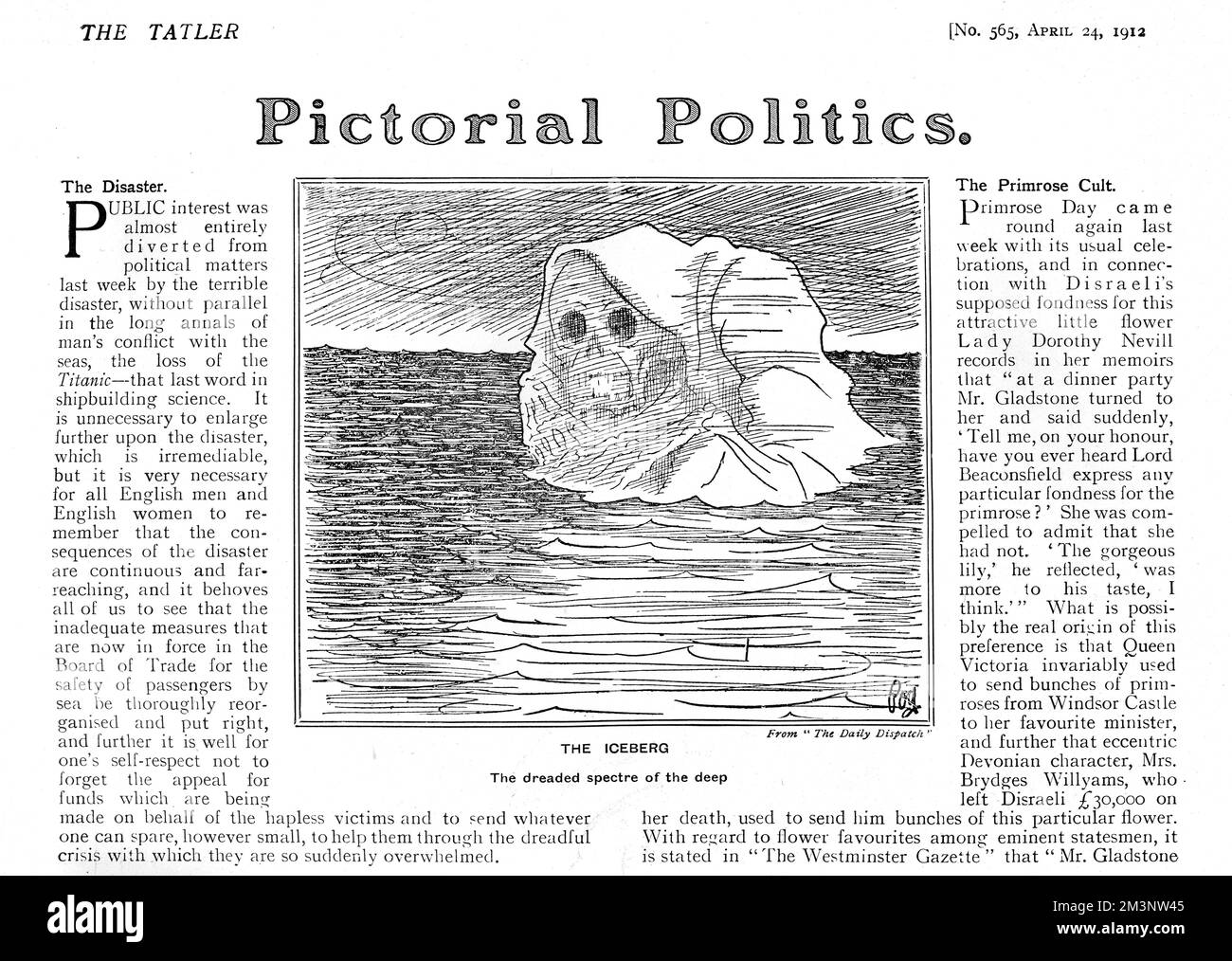 Page from the Tatler, featuring a comment about the dreadful tragedy of the sinking of the Titanic in April 1912, illustrated by a cartoon by Pog, from the Daily Dispatch showing the offending iceberg drawn as a sceptre of death, waiting in the Atlantic ocean for approaching victims.     Date: 1912 Stock Photo