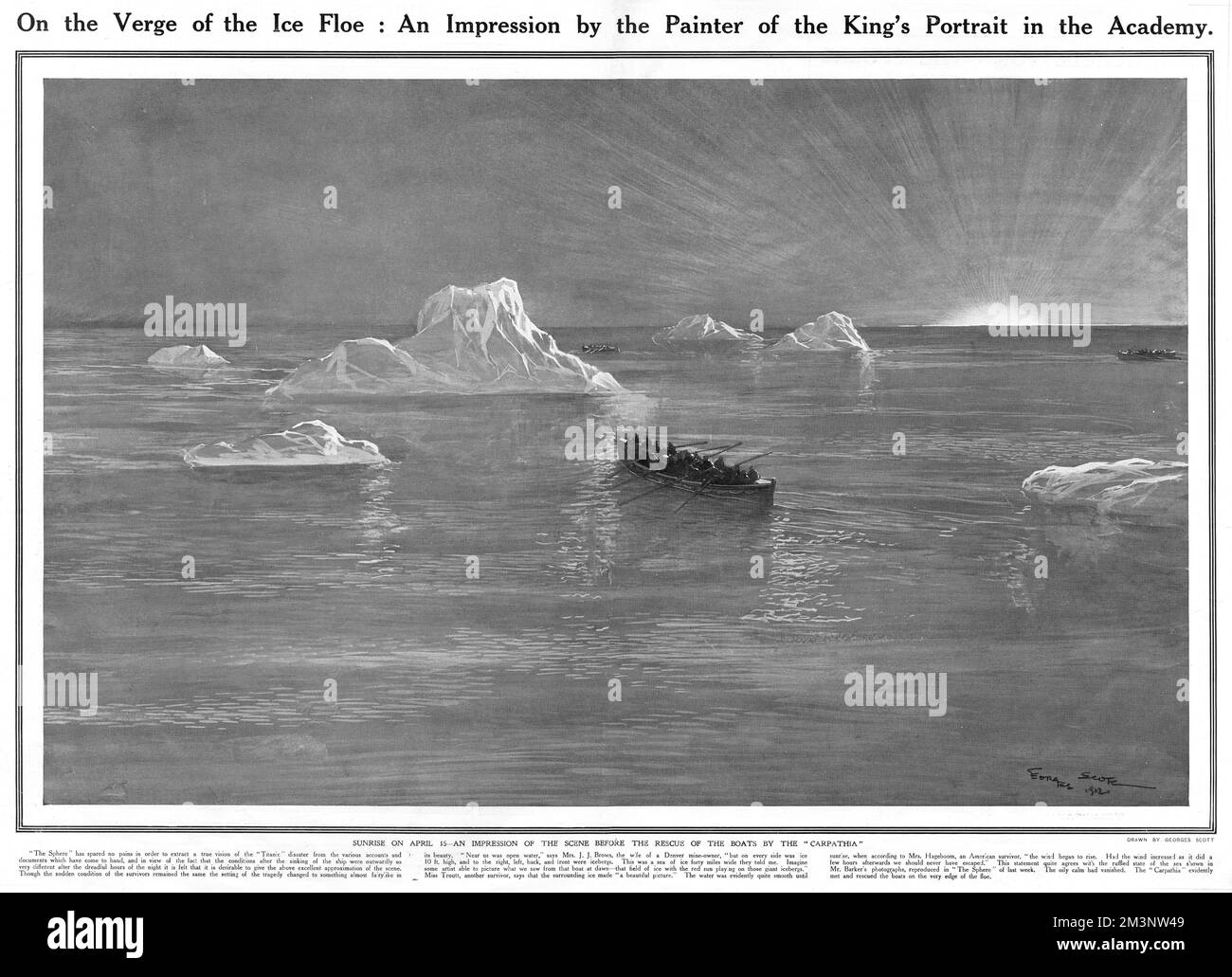 On the verge of the ice floe.  A tranquil, yet eery impression of the area of the Atlantic ocean where the White Star passenger liner, RMS Titanic sank the morning after, with lifeboats containing survivors, rowing through the ice, before their rescue by the Carpathia.     Date: 1912 Stock Photo
