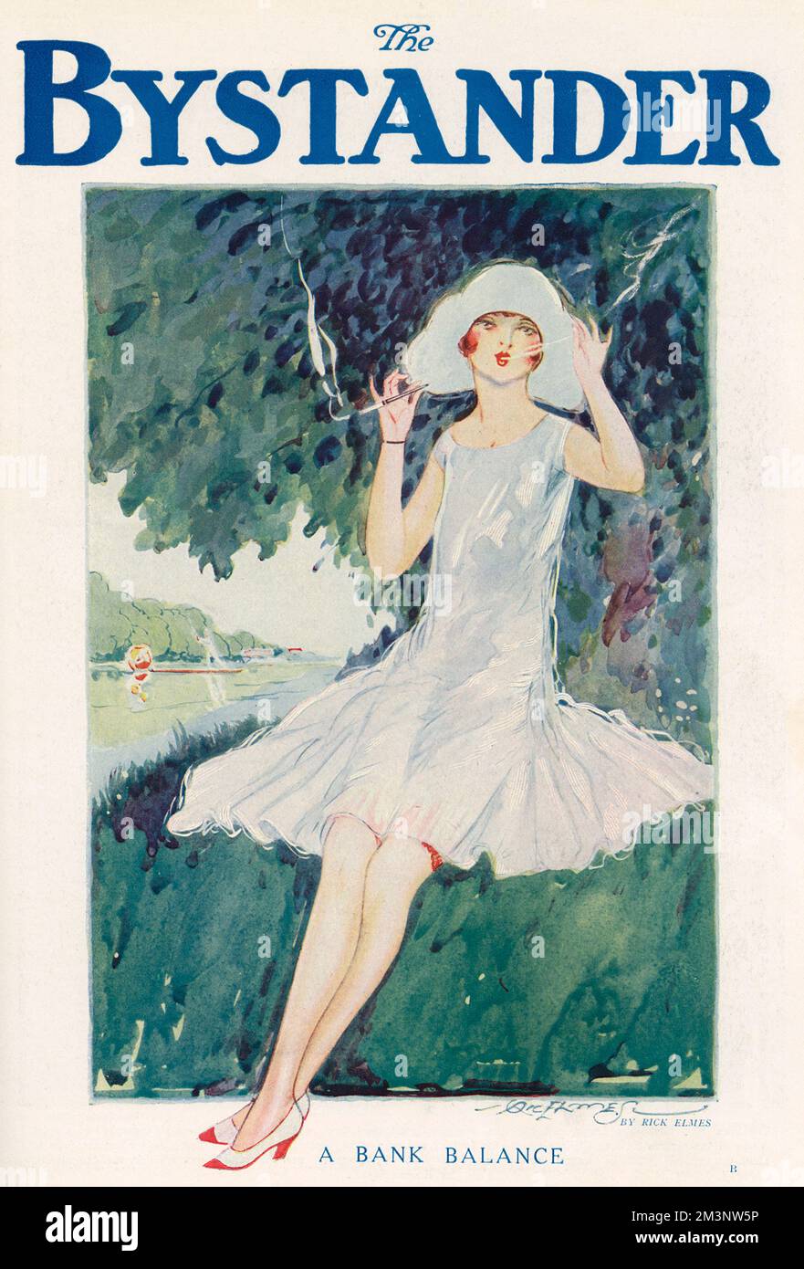Front cover of The Bystander magazine featuring an illustration of a young woman in a white hat and dress, languidly smoking using a long, elegant cigarette holder as she perches on a grassy bank.     Date: 1927 Stock Photo
