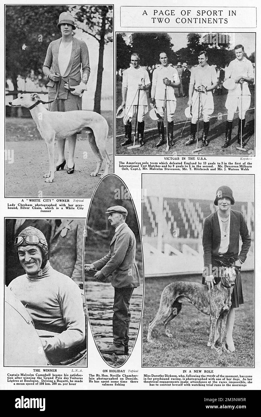 Page from the Bystander showing, from top left, lady Chesham with her greyhound, Silver Chain, a runner at White City stadium, The American polo team which defeated England by 13 goals to 3 in the first International Test Match and by 8 goals to 5 in the second, Miss Dorothy Dickson, actress, photographed with one of her greyhounds, the sport being described by the Bystander as 'the mode of the moment', the Rt Hon Neville Chamberlain photographed on Deeside salmon fishing and finally, Captain Malcolm Campbell beaming with satisfaction after winning the Grand Prix des Voitures Legeres at Boulog Stock Photo
