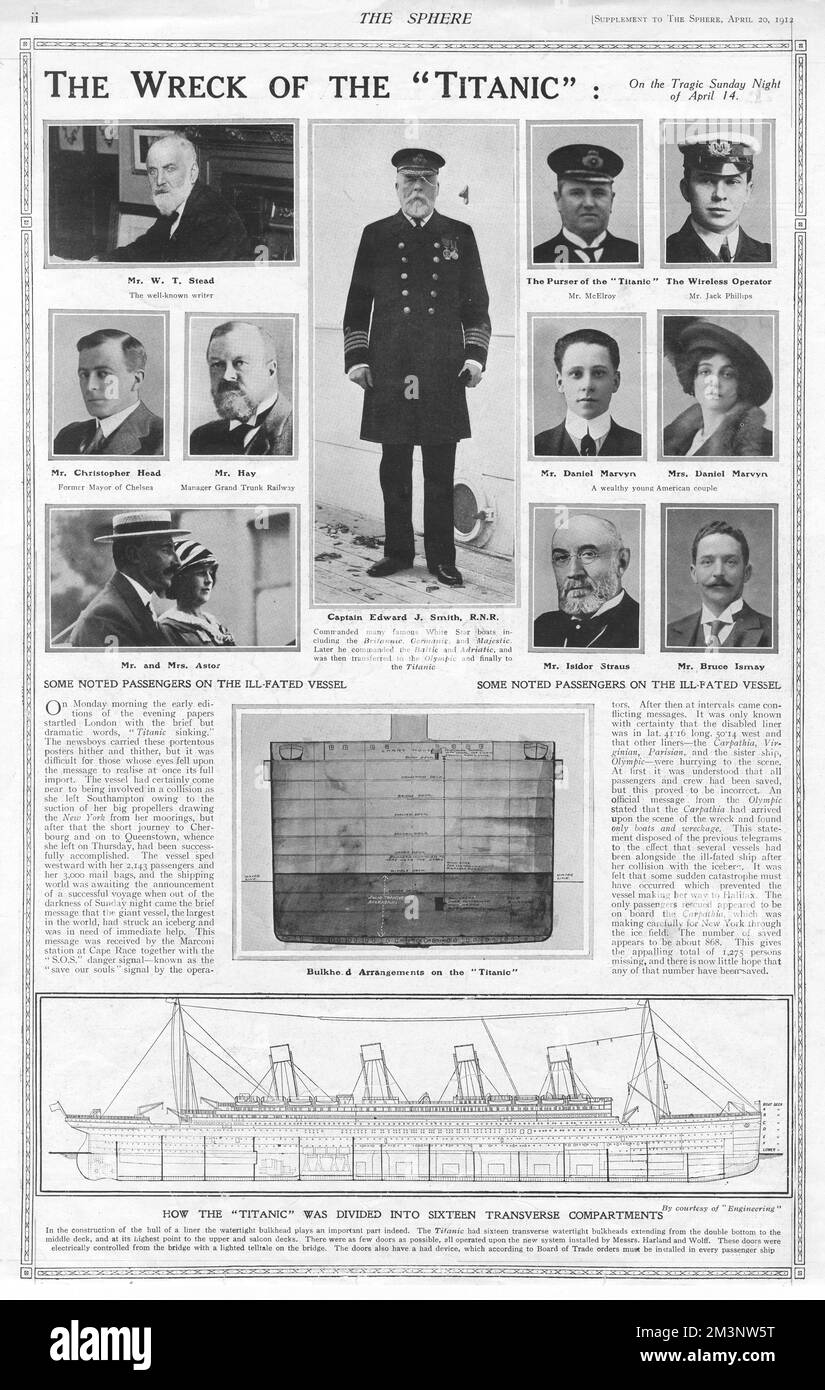 Page from The Sphere reporting on the disaster of the sinking of White Star passenger liner, RMS Titanic, featuring portraits of notable passengers including W. T. Stead, Mr and Mrs J. J. Astor, Mr Isidor Straus, and Mr and Mrs Daniel Marvyn.  Also a diagram showing the bulkhead arrangements of the ship, and a cross-section diagram showng how the Titanic was divided into sixteen transverse compartments.       Date: 1912 Stock Photo