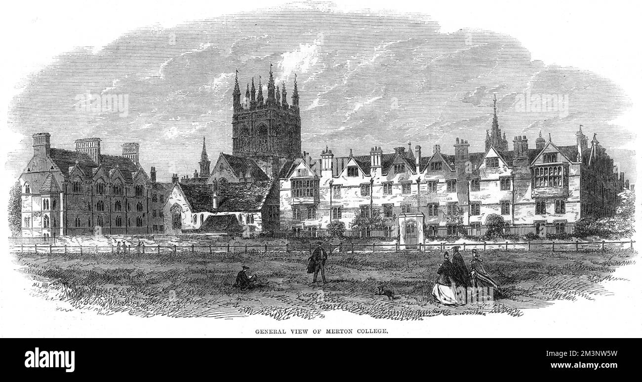 A general view of Merton College, Oxford, from Christ Church meadow. This image appeared as part of a feature in The Illustrated London News to mark the six hundreth anniversary of the founding of the college by Walter de Merton in 1264.     Date: 1864 Stock Photo
