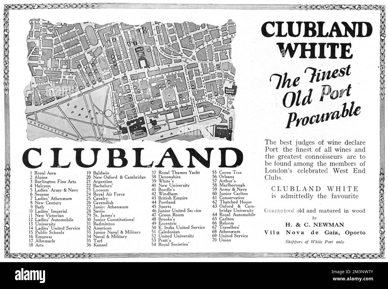 Advertisement for Clubland White, the 'finest old port procurable...to be found among the members of London's celebrated West End Clubs'.  The advert includes an interesting map and key to 70 of the clubs located in Central London, many of them still in existence today.     Date: 1927 Stock Photo