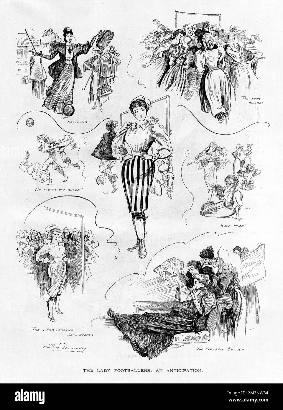 The lady footballers: an anticipation. The Sketch anticipates the brave new world of women footballers: a good looking goalkeeper receives much attention, the referee is mobbed by a posse of argumentative women, and two over-enthusiastic ladies attempt a dirty tackle on a member of the opposite team.  1894 Stock Photo