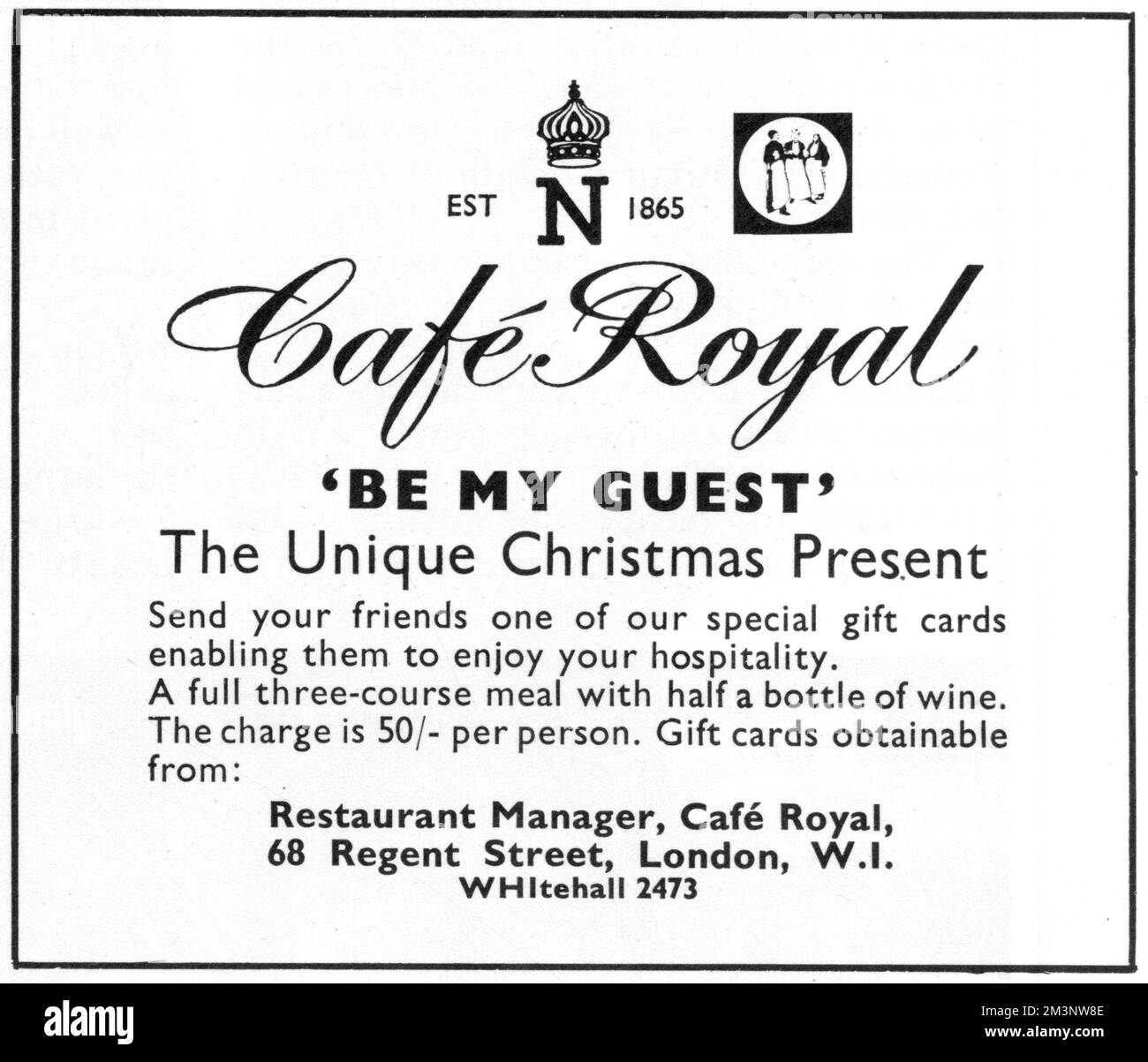 Advertisement for the Cafe Royal on Regent Street, London, and in particular for gift cards as Christmas presents for friends. The ad utilises an Aubrey Beardsley illustration of three waiters that was used on the menu covers of the Cafe Royal.     Date: 1966 Stock Photo
