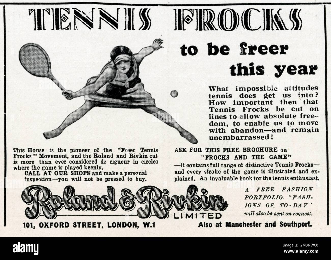 Advertisement for 'freer' tennis frocks by Roland and Rivkin, who consider such a cut de rigeur in circles where the game is played keenly.       Date: 1927 Stock Photo