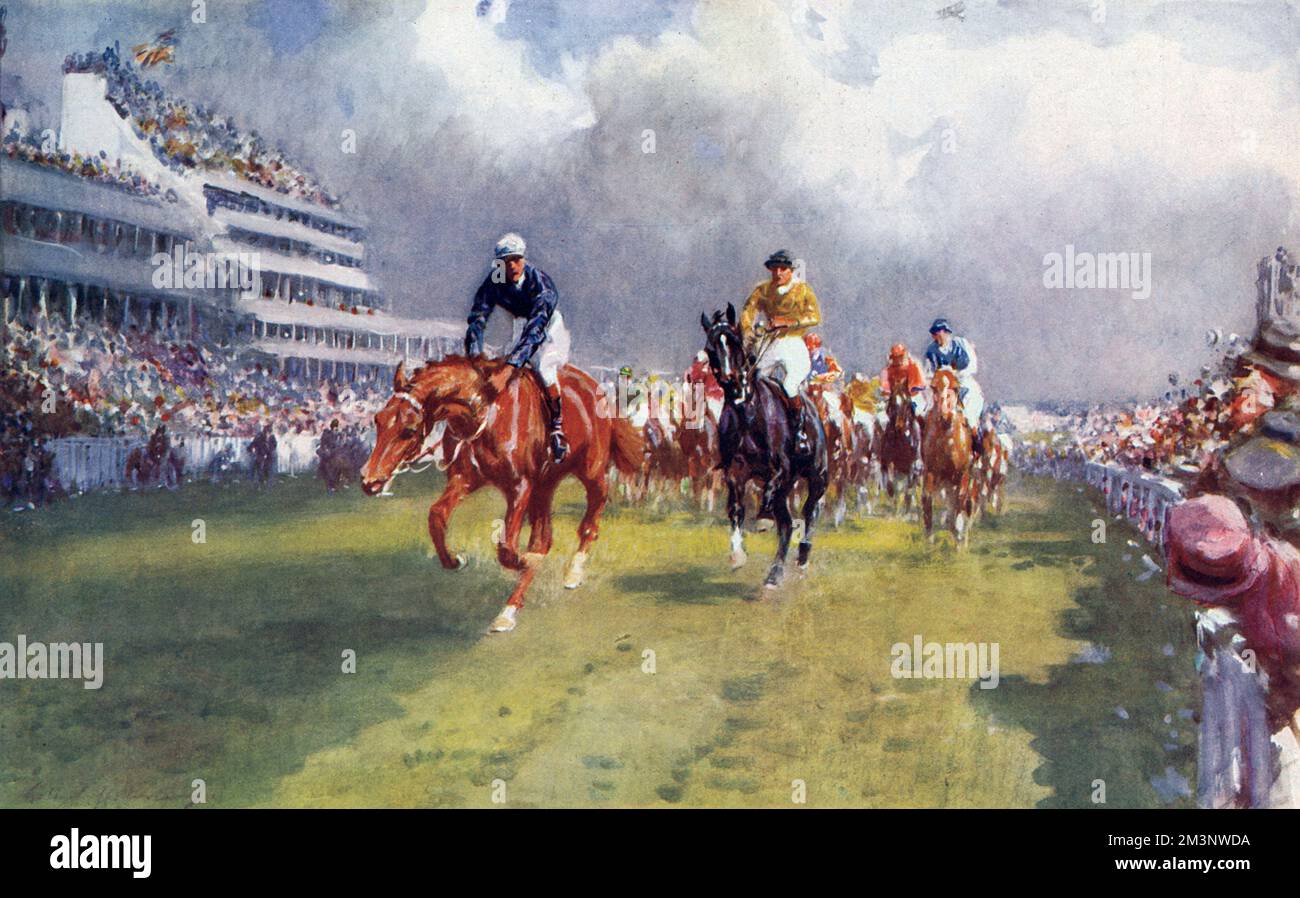 The crucial final moment of the Epsom Derby as the jockeys urge their horses towards the finish line.      Date: 1927 Stock Photo