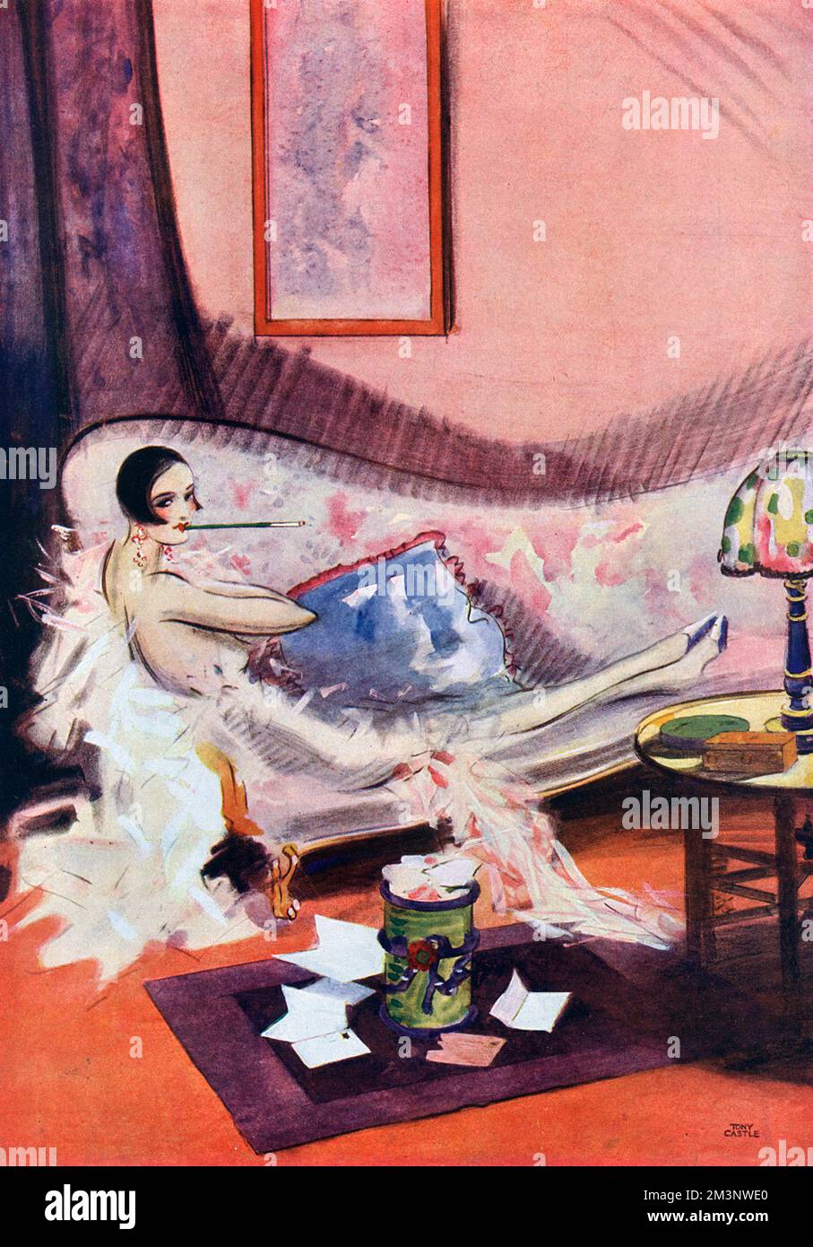 An aloof and fashionable young woman reclines on a chaise longue, with a cigarette holder in her mouth, as a number of opened letters, presumably professing love for her, are littered around a bin on the floor.     Date: 1927 Stock Photo
