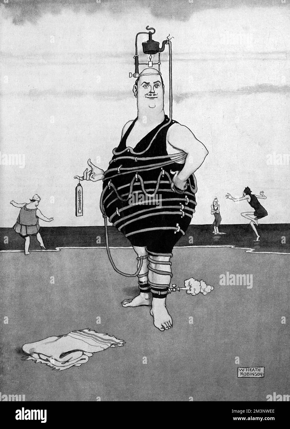 An ingenious central heating device for bathing on chilly morning of the early part of the season.  A smug and rather rotund gentleman tests out a typically convoluted Heath Robinson invention.       Date: 1927 Stock Photo