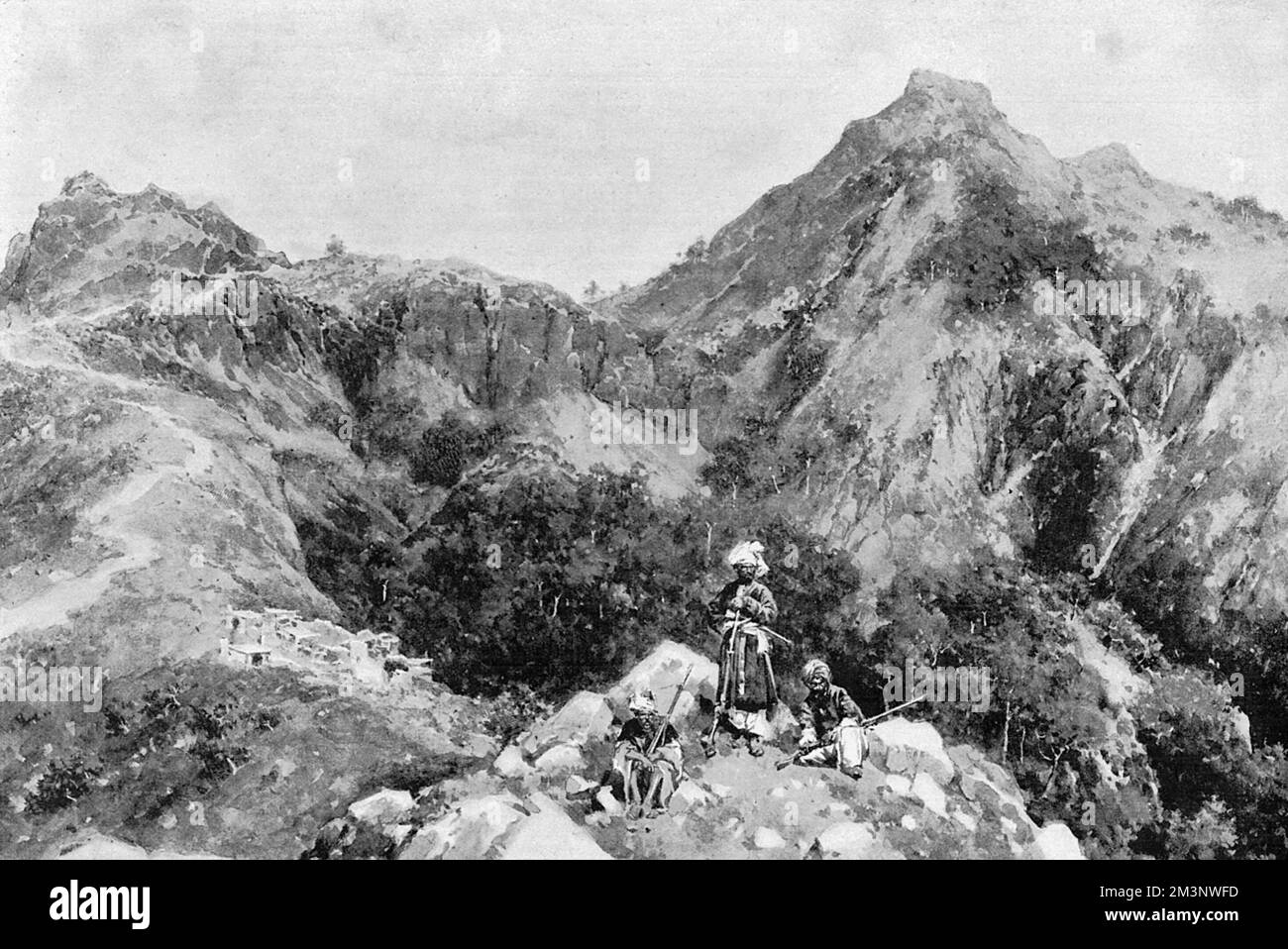 On the Chagru Kotal: looking west at the scene of the action of October 20th on Dargai Hill, when the Gordon Highlanders stormed the heights, led by Colonel Mathias.     Date: 1897 Stock Photo