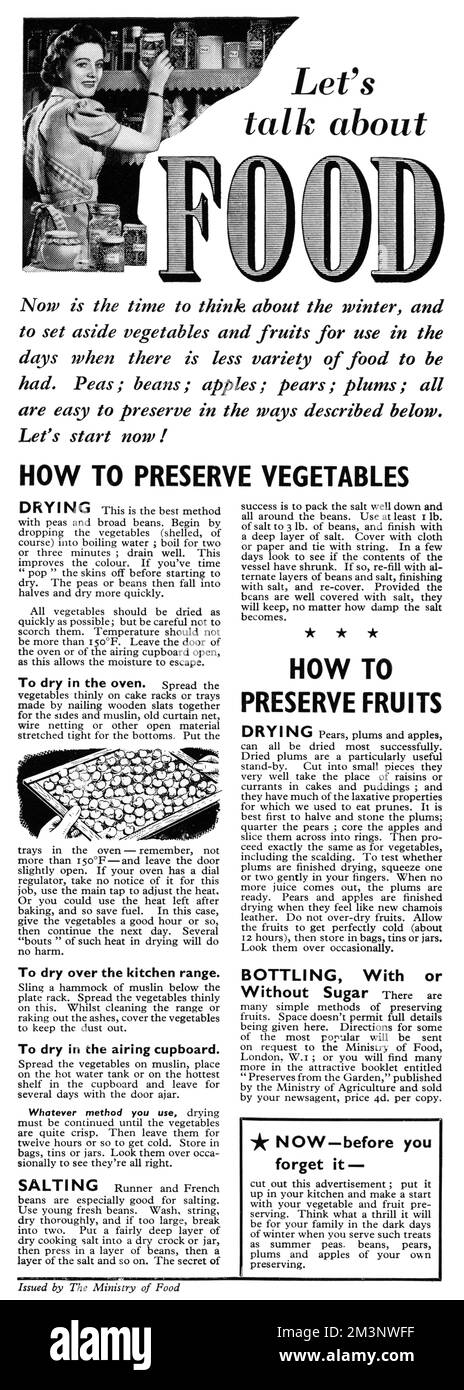 'Let's talk food'.  Now is the time to think about winter, and to set aside vegetables and fruits for use in the days when there is less variety of food to be had.  Peas; beans; apples; pears; plumes; all easy to preserve.  1941 Stock Photo