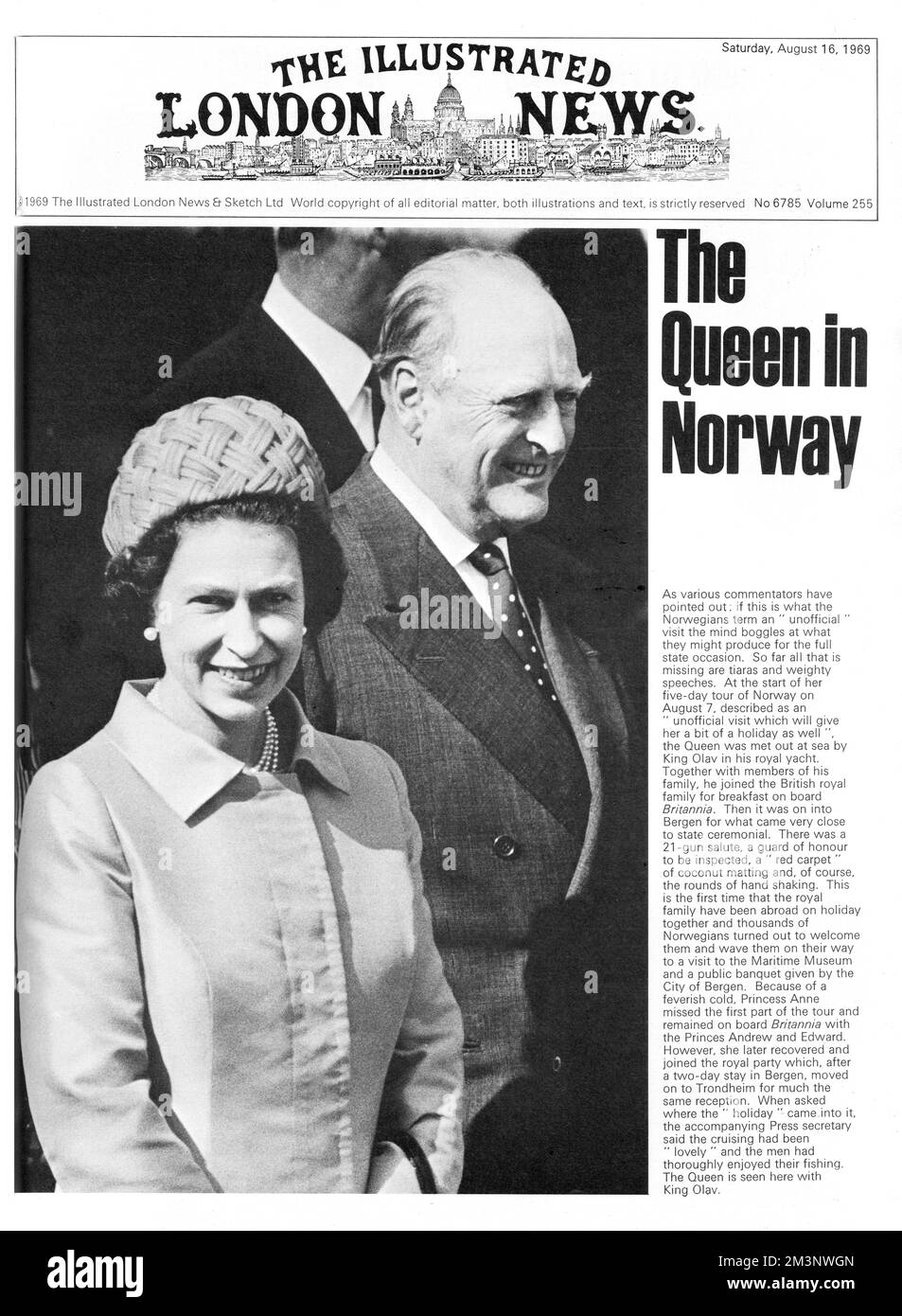 The Queen visited Norway in August 1969 on an unofficial visit. Here she is seen with King Olav of Norway.     Date: 1969 Stock Photo