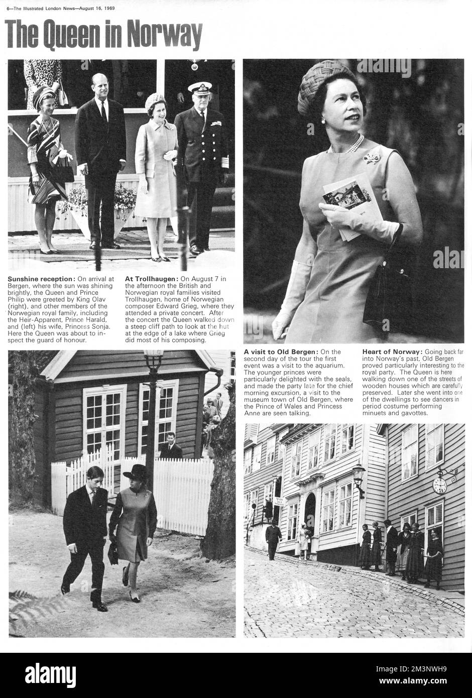 Photographs documenting the unofficial visit of Queen Elizabeth II and her family to Norway in August 1969. Clockwise from top left: 1. On arrival in Bergen, the Queen and Prince Philip were greeted by King Olav and other members of the Norwegian royal family. 2. The British and Norwegian royal families visited Trollhaugen and the afterwards the Queen walked down a steep cliff to look at the hut at the edge of the lake where Greig did much of his composing. 3. Prince Charles and Princess Anne are seen talking as they take a walk in Old Bergen. 4. The Queen walking down a street in Old Bergen. Stock Photo