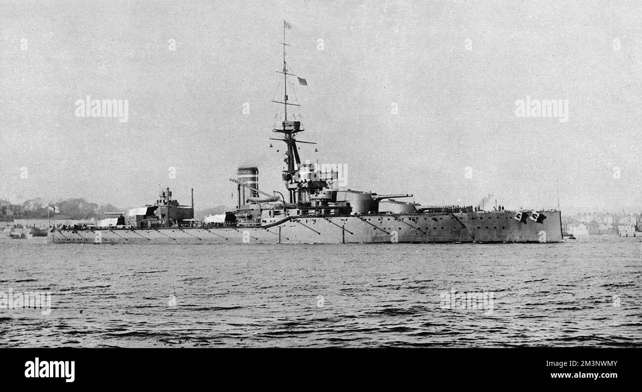 HMS Orion, launched in August 1910 and commissioned in January 1912,the first British dreadnought to mount guns of a greater calibre than 12 inches. The Orion took part in the Battle of Jutland, 1916 and survived the Great War, eventually being broken up in 1923.     Date: 1914 Stock Photo