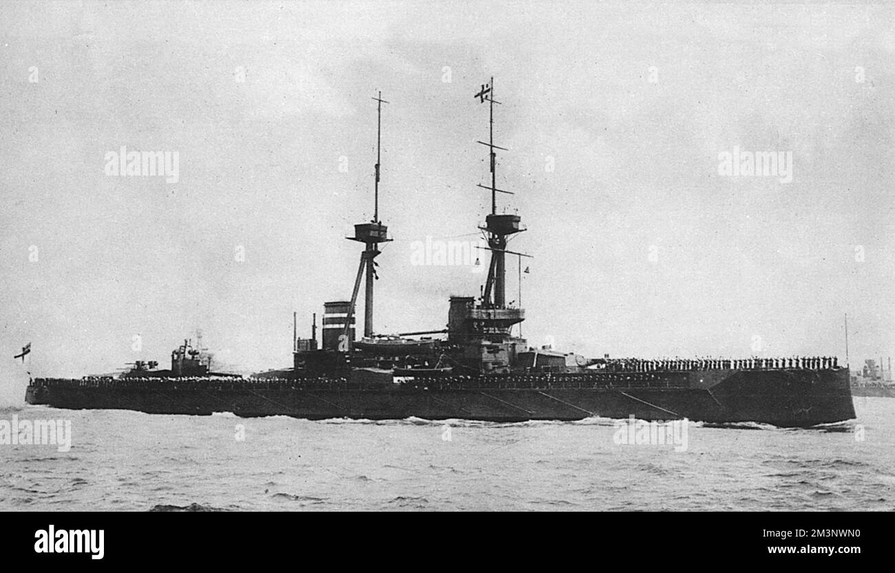 HMS Vincent, a Royal Navy battleship which was launched in 1908 and commissioned in 1910. Present at the Battle of Jutland in 1916, she was ultimately sold for scrap in 1921     Date: 1914 Stock Photo