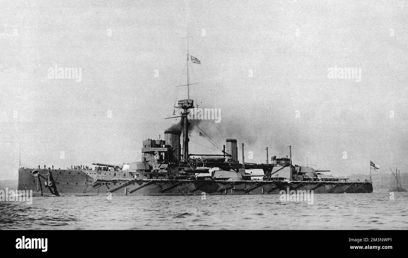 HMS Colossus, a British dreadnought launched in 1910 and commissioned in 1911, becoming the flagship of the 1st Battle Squadron at the commencement of World War in 1914. She fought with distinction at the Battle of Jutland in 1916, and after the war became a training ship, before being broken up in 1928     Date: 1914 Stock Photo
