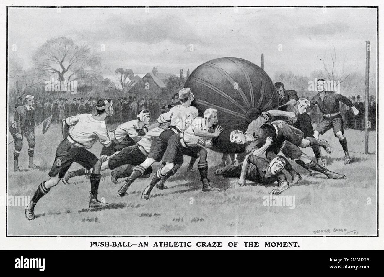 Two teams with eight players pushing a enormous 6 ft ball made from nine hides of horses which took two hours to be inflated. The aim of the game is to shove the ball over the opponents’ goal-line, with bonus points for getting it between the goalposts. Stock Photo