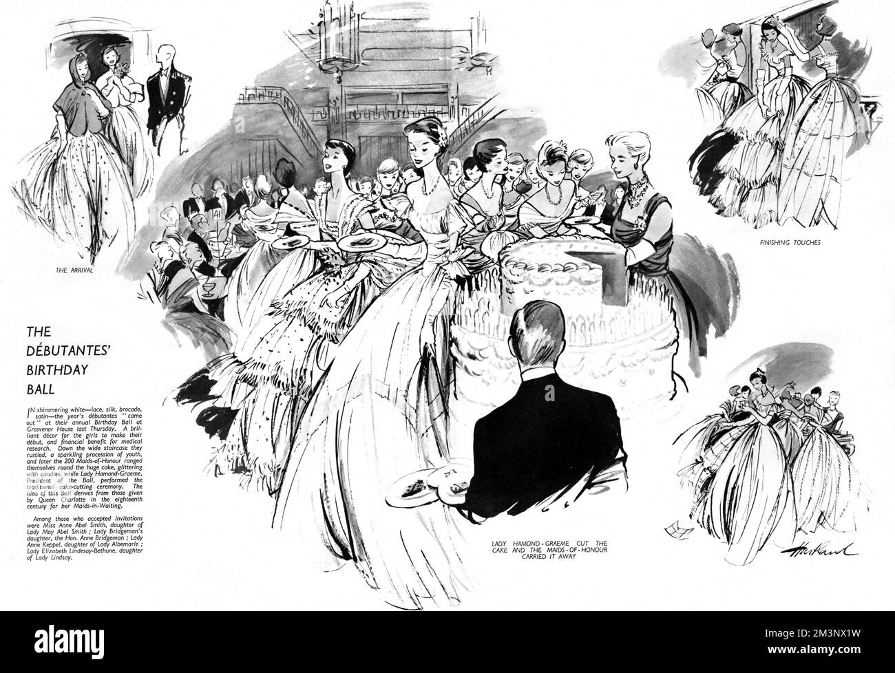 Scenes at Grosvenor House for Queen Charlotte's Ball, the pinnacle of the Season for a debutante by the 1950s, showing the girls arriving in their white dresses, finishing touches in the ladies room and the traditional cake cutting ceremony, in this instance by the President of the Ball, Lady Hamond-Graeme, with the maids-of-honour, 200 in all, each taking a piece away.     Date: 1950 Stock Photo