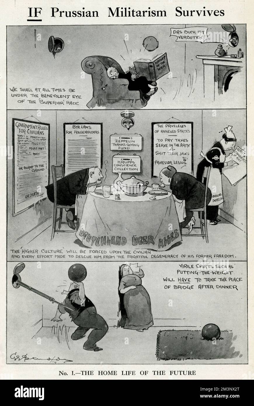 Cartoons, IF Prussian Militarism Survives.  Showing what the home life of the future might be if the Prussians win the First World War.  Under the new totalitarian system people are spied on, certain books are banned, there are endless rules and regulations, and a quiet game of bridge after dinner is replaced with the more strenuous athletic activity of putting the weight.       Date: October 1914 Stock Photo