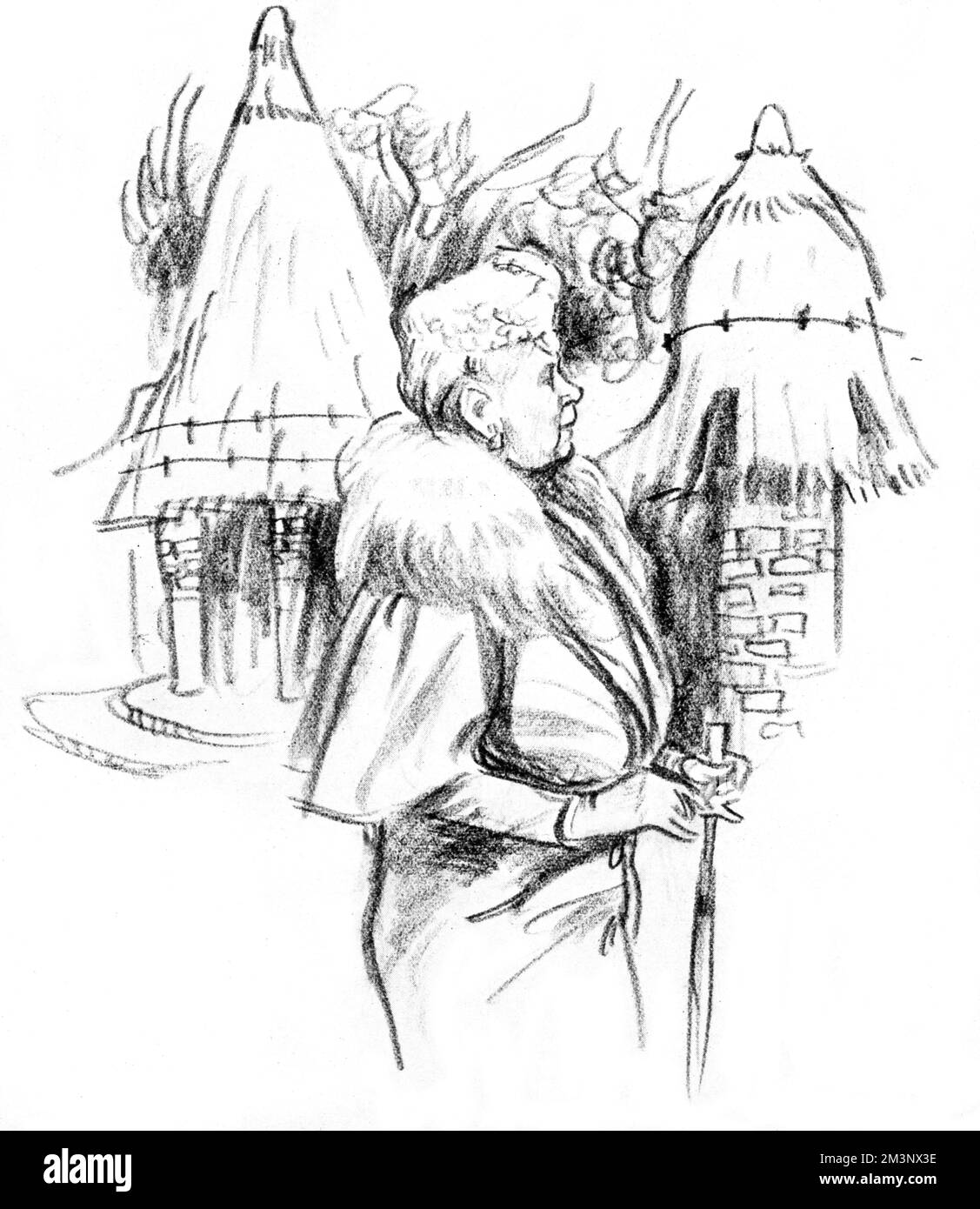 Sketch of Queen Mary pictured inspecting Ian Walker's thatched cottage garden at the Chelsea Flower Show, 1950.     Date: 1950 Stock Photo