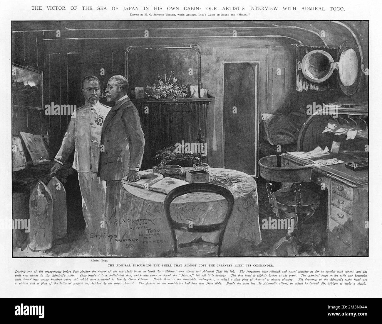 The Admiral in his cabin, discussing the shell that almost cost the Japanese fleet its commander.     Date: 1905 Stock Photo