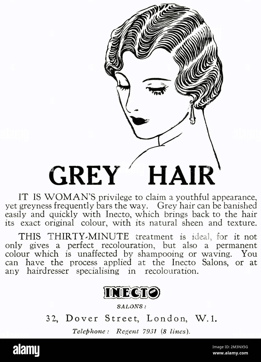 'Grey hair'.  It is women's privilage to claim a youthful appearance yet greyness frequently bars the way.  Gey hair can be banished easily and quickly with Inecto, which brings back to the hair its exact original colour, with its natual sheen and texture.  This thirty-minute treatment is ideal, for it not only gives a perfect recoloration, but also a permanent colour which is unaffected by shampooing or waving.  You can have the process applied at the Inecto Salons, or at any hairdresser specialising in recolouration.     Date: 1930 Stock Photo