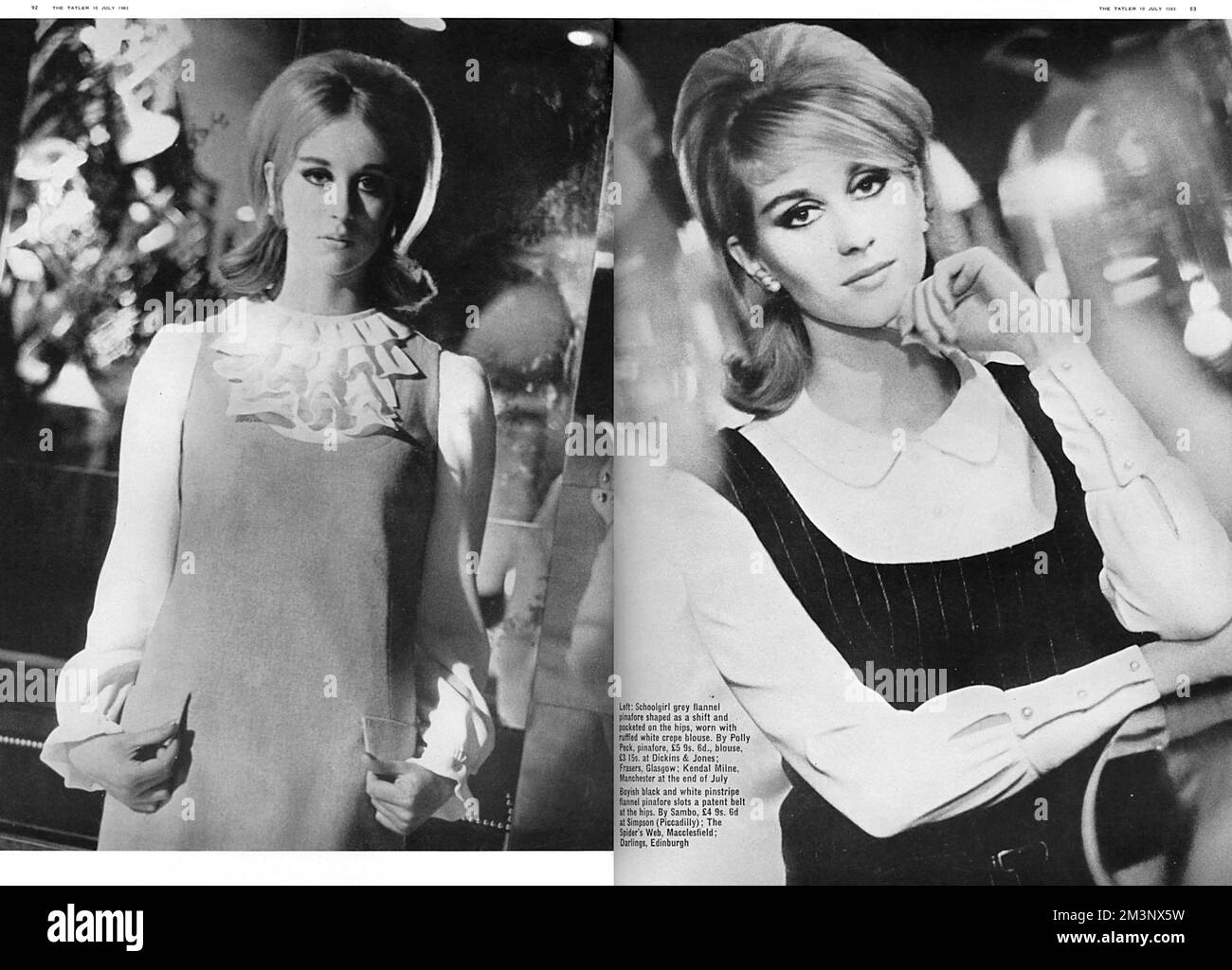 A fashion spread on the pinafore, photographed in Mark Birley's Mayfair nightclub, Annabel's - just opened in 1963.  On the left, a schoolgirl flannel grey pinafore shaped as a shift and pocketed at the hips, worn with a ruffled white crepe blouse by Polly Peck.  On the right, a boyish black and white pinstripe flannel pinafore with a patent belt worn at the hips by Sambo.     Date: 1963 Stock Photo