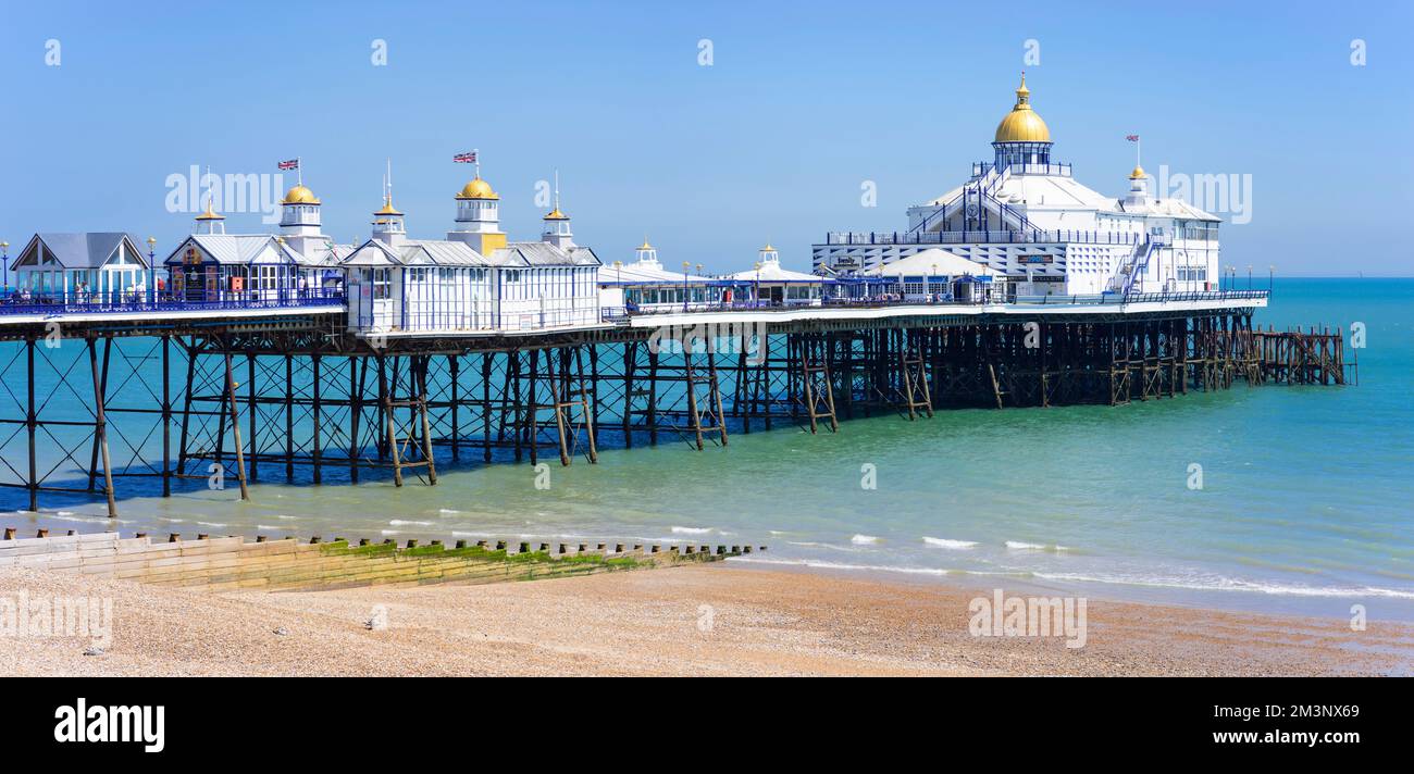 Eastbourne East Sussex Eastbourne beach and Eastbourne pier with no people on the beach Eastbourne beach Eastbourne East Sussex England UK GB Europe Stock Photo