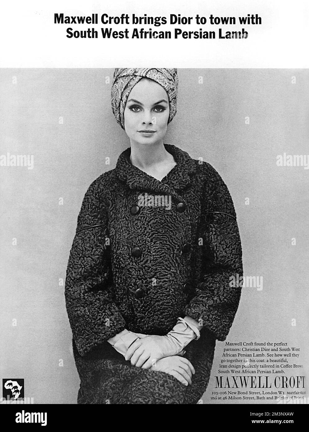 Advertisement for Maxwell Croft whose design collaboration with Christian Dior has resulted in this coat in coffee brown South West African Persian Lamb modelled here by Jean Shrimpton.     Date: 1964 Stock Photo