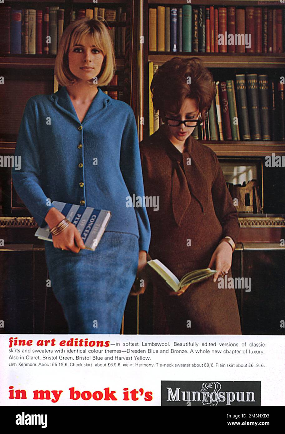 An advertisement for Munrospun knitwear of Edinburgh featuring two glamorous librarians, wearing skirts and sweaters in softest Lambswool.     Date: 1964 Stock Photo