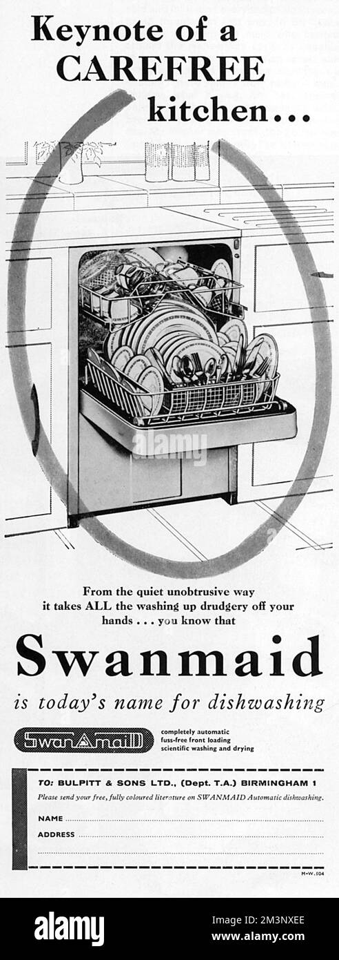 Advertisement for the Swanmaid dishwashing machine from 1964, a completely automatic fuss-free front loading scientific washing and drying machine for crockery and cutlery.  'Keynote of a carefree kitchen...it takes all the drudgery off your hands...'     Date: 1964 Stock Photo