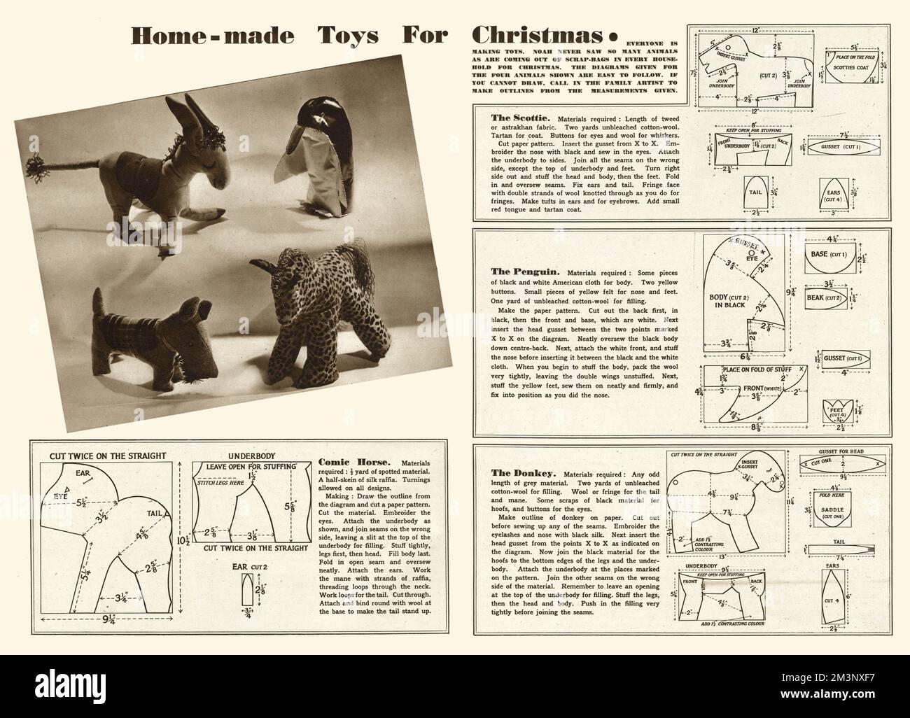 'Everyone is making toys.  Noah never saw so many animals as are coming out of scrap-bags in every household for Christmas.  The diagram given for the four animals shown are easy to follow'.    1942 Stock Photo