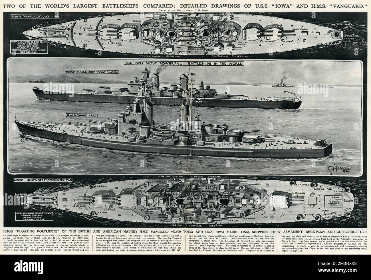 A comparison of the American Iowa battleship, and the British H.M.S. Vanguard. The ships are each given dimensions and a deck view, which details the ship guns and command centers. The illustration itself describes the battleships as &quot;the two most powerful battleships in the world&quot;.  1946 Stock Photo
