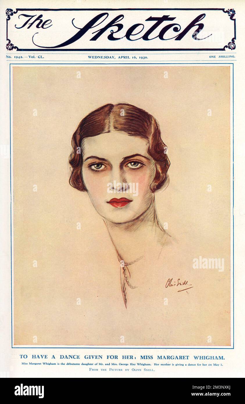 Miss Margaret Whigham drawn by society portraitist, Olive Snell on the front cover of The Sketch in 1930, the year of her coming out as a debutante.  The pictured accompanied news that her mother was to be given a dance on 1 May, audaciously right at the start of the London Season.  In 1933, Margaret married American golfer Charles Sweeny and became the Mrs Charles Sweeny name-checked by Cole Porter in 'You're the Top'.   She later married Ian Campbell, 11th Duke of Argyll and their subsequent divorce case was the sensation of the time.       Date: 1930 Stock Photo