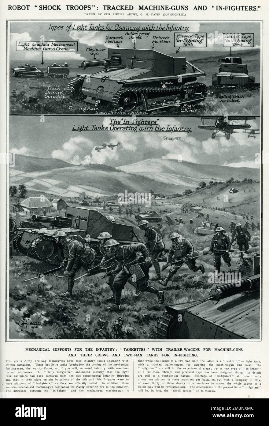 Mechanical supports for the infantry of the British Army as depicted by ILN special diagrammatic artist, G. H. Davis, showing 'tankettes' with trailer wagons for transporting machine-guns together with crews on foot and two-man tanks for in-fighting.  Designed to be agile and be the 'shock troops' of tomorrow (this in 1930), the platoons of in-fighters were offiically attached to battalions of the 6th and 7th Brigades.  1930 Stock Photo