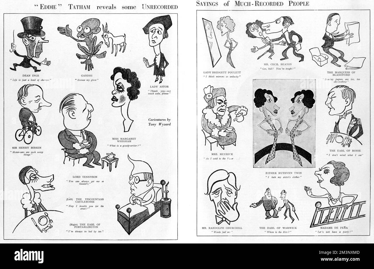 Spread from The Bystander 1932 showing some of the scions of 1930s society, and revealing some 'unrecorded sayings of much-recorded people'.  Included is Gandhi saying 'Excuse my glove', the ubiquitous Miss Margaret Whigham asking,'What is a gossip-writer?', Lady Nancy Astor saying, 'Thank you - not much soda please' (she didn't drink), Cecil Beaton saying, 'Gee kid! You're tough', the Ruthven Twins saying,'I hate my sister's clothes', notorious nightclub owner Mrs Kate Meyrick pouring a cup of tea and saying, &quot;As I said to the vicar...&quot;, Mr Randolph Churchill, saying, 'Words fail me Stock Photo