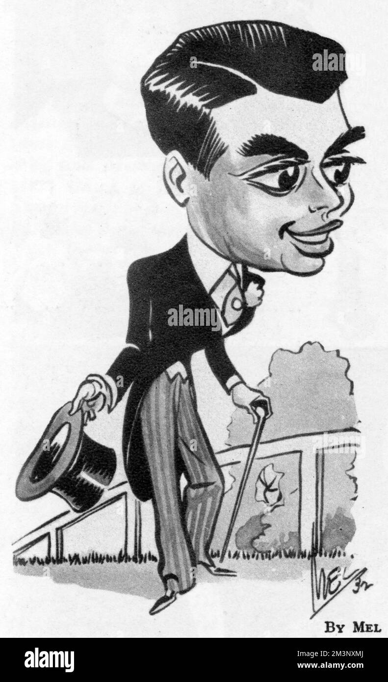 Caricature of Prince Aly or Ali Khan (1911 - 1960), son of Aga Khan III, socialite, playboy, racehorse owner, third husband of Rita Hayworth and swain of Margaret Whigham and Thelma, Viscountess Furness.  Pictured on familiar 'turf' - at the Races.     Date: 1932 Stock Photo