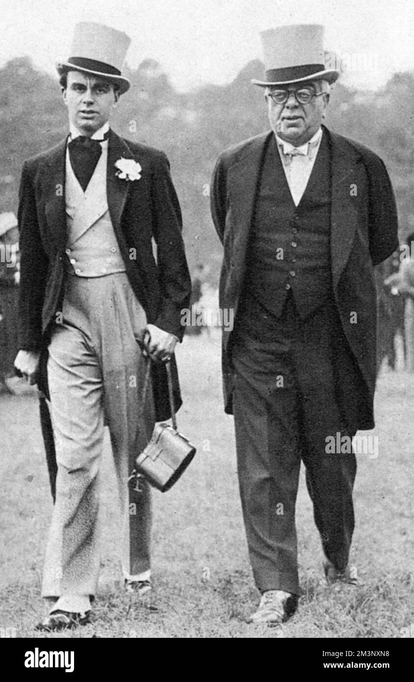 Aga Khan III and his son, Prince Aly or Ali Khan, photographed at Epsom on Oaks Day in June 1932. Stock Photo