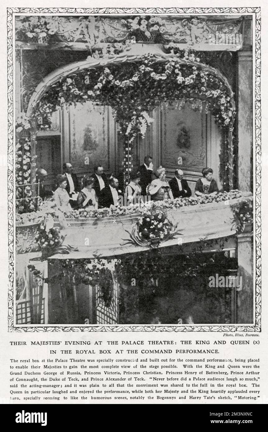 The first Royal Variety Show performance, then known as the Command Performance, at the Palace Theatre in 1912.The royal box, specially constructed to give the most complete view of the stage as possible, contained King George V, Queen Mary, Grand Duchess George of Russia, Princess Victoria, Princess Christian, Princess Henry of Battenburg, Prince Arthur of Connaught, the Duke of Teck and Prince Alexander of Teck. 'Never before did a Palace audience laugh so much' said the acting manager, with the royal party especially enjoying the humourous scenes. Stock Photo