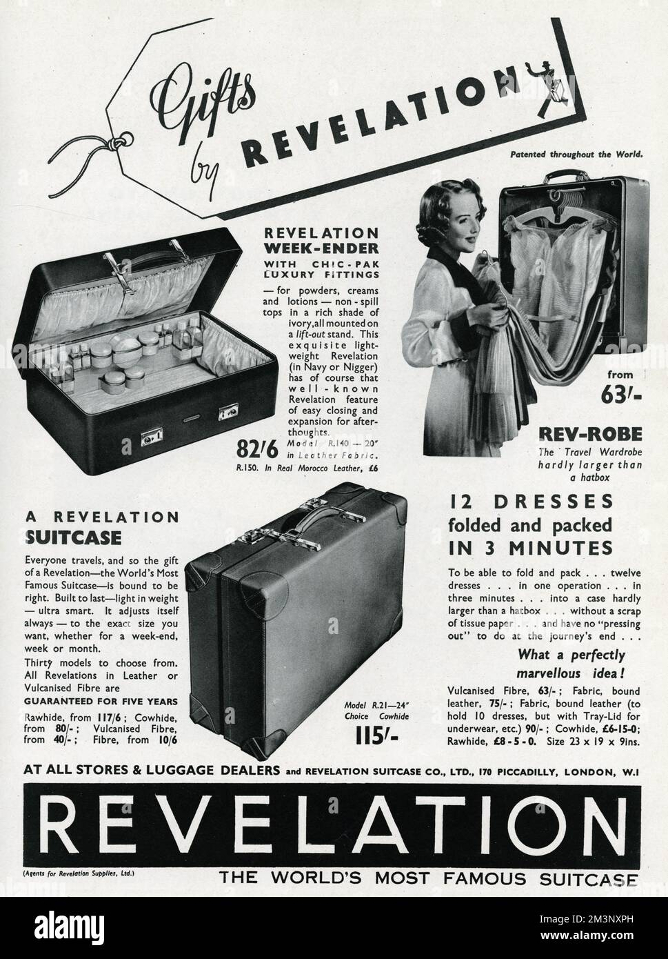 'Gifts by Revelation'.  A range of Revelation suitcases, from holders for your bottles of creams and lotions.  To a travel case to hang your dresses straight from your wardrobe into your Rev-Robe with no pressing out to be done at the end of your journey.   1937 Stock Photo