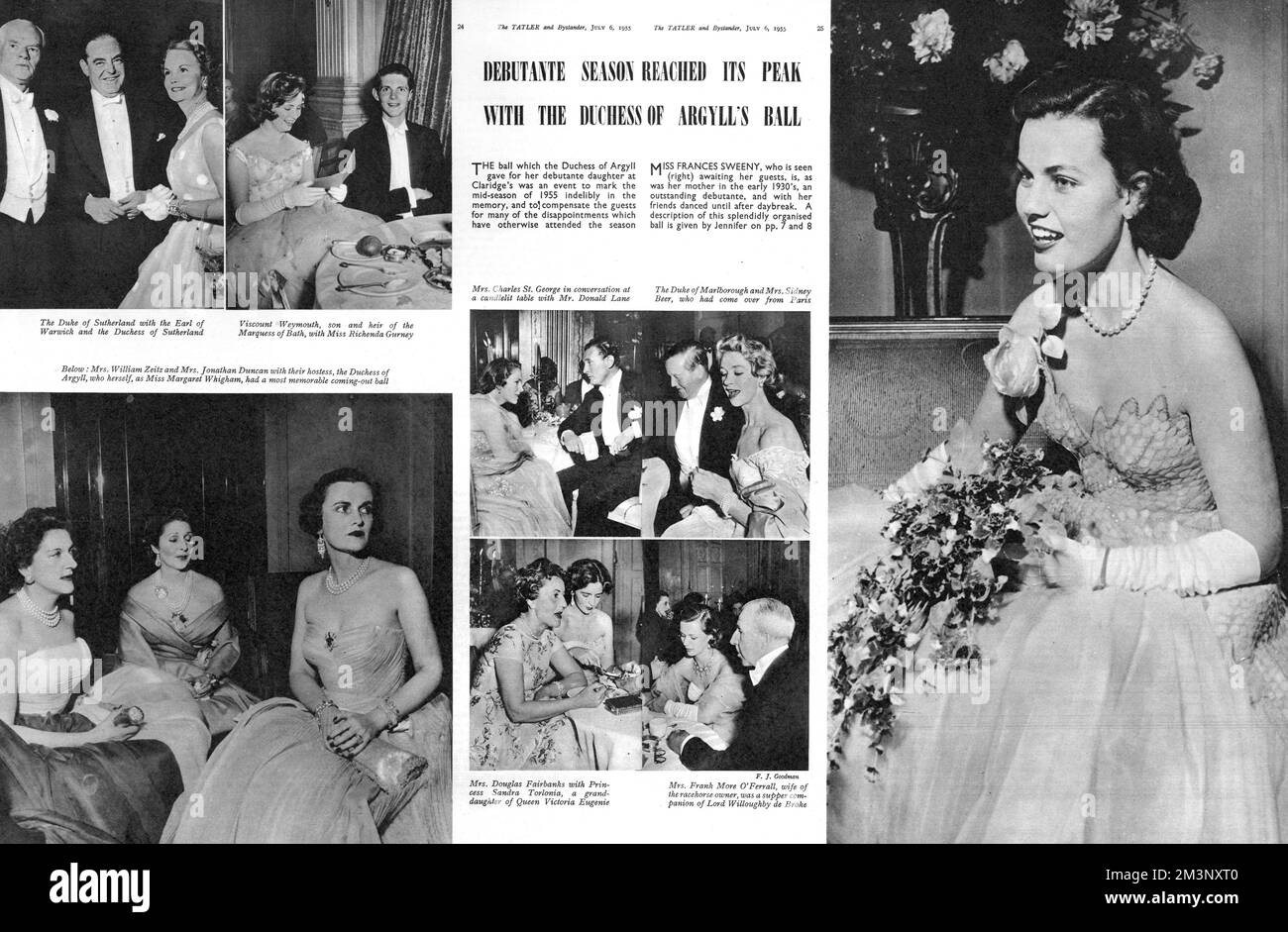 A spread from The Tatler reporting on the lavish ball held at Claridge's by the Duchess of Argyll for her daughter, Miss Frances Sweeny.  The Duchess, who was formerly Miss Margaret Whigham was Deb of the Year in 1930.  As Miss Whigham and Mrs Charles Sweeny, she was a regular face in the Tatler and other society magazines, and, according to the Tatler, Frances was 'an outstanding debutante...as was her mother...and with her friends danced until after daybreak.'  Frances can be seen on the right hand side.  In the bottom left corner is the Duchess of Argyll with Mrs William Zeitz and Mrs Jonat Stock Photo