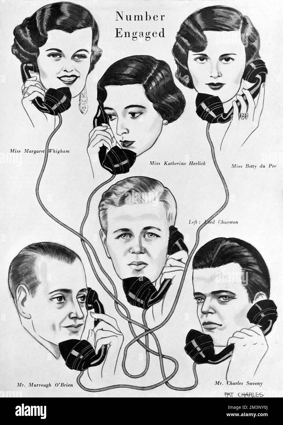 An impression by Pat Charles of the latest fiances and fiancees to announce their engagement in 1932, all interconnected by telephone lines.  Top left is Miss Margaret Whigham (Duchess of Argyll), who was engaged to American golfer Charles Sweeny (bottom right).  Miss Katherine Horlick, engaged to Mr Murrough O'Brien and Miss Betty du Pre engaged to Lord Churston.      Date: 1932 Stock Photo