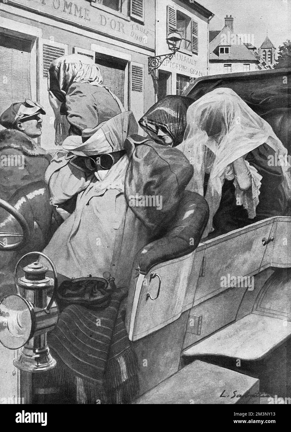 The evolution of road travel: the muffled motorist of 1905. A motoring party of 1905 arriving at their destination wearing goggles, veils and voluminous wraps. See picture 10638720 for the contrast to this style of travel in 1921.     Date: 1905 Stock Photo