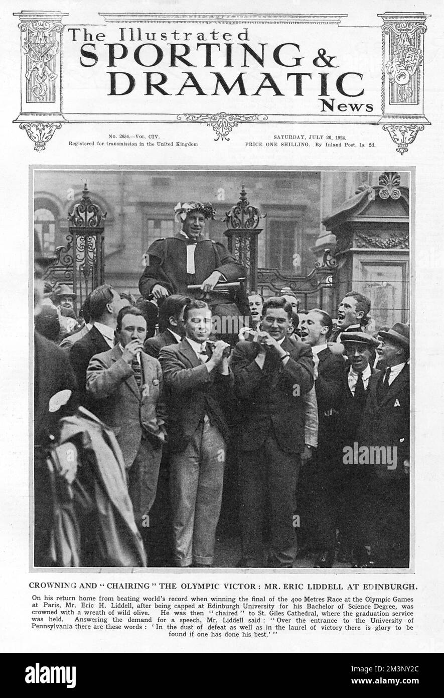 Eric Liddell, the 400m gold medallist at the 1924 Paris Olympic Games, crowned and 'chaired' at Edinburgh University where he had studied science.  Wearing a wreath of olive leaves, he is carried by fellow graduates on a chair to St. Giles Cathedral where the graduation service was held.  Answering the demand for a speech, Mr Liddell said, 'Over the entrance to the University of Pennsylvania there are these words: 'In the dust of defeat as well as in the laurel of victory there is glory to be found if one has done his best.'&quot;  Eric Liddell (1902 - 1945), was a Scottish athlete, rugby unio Stock Photo