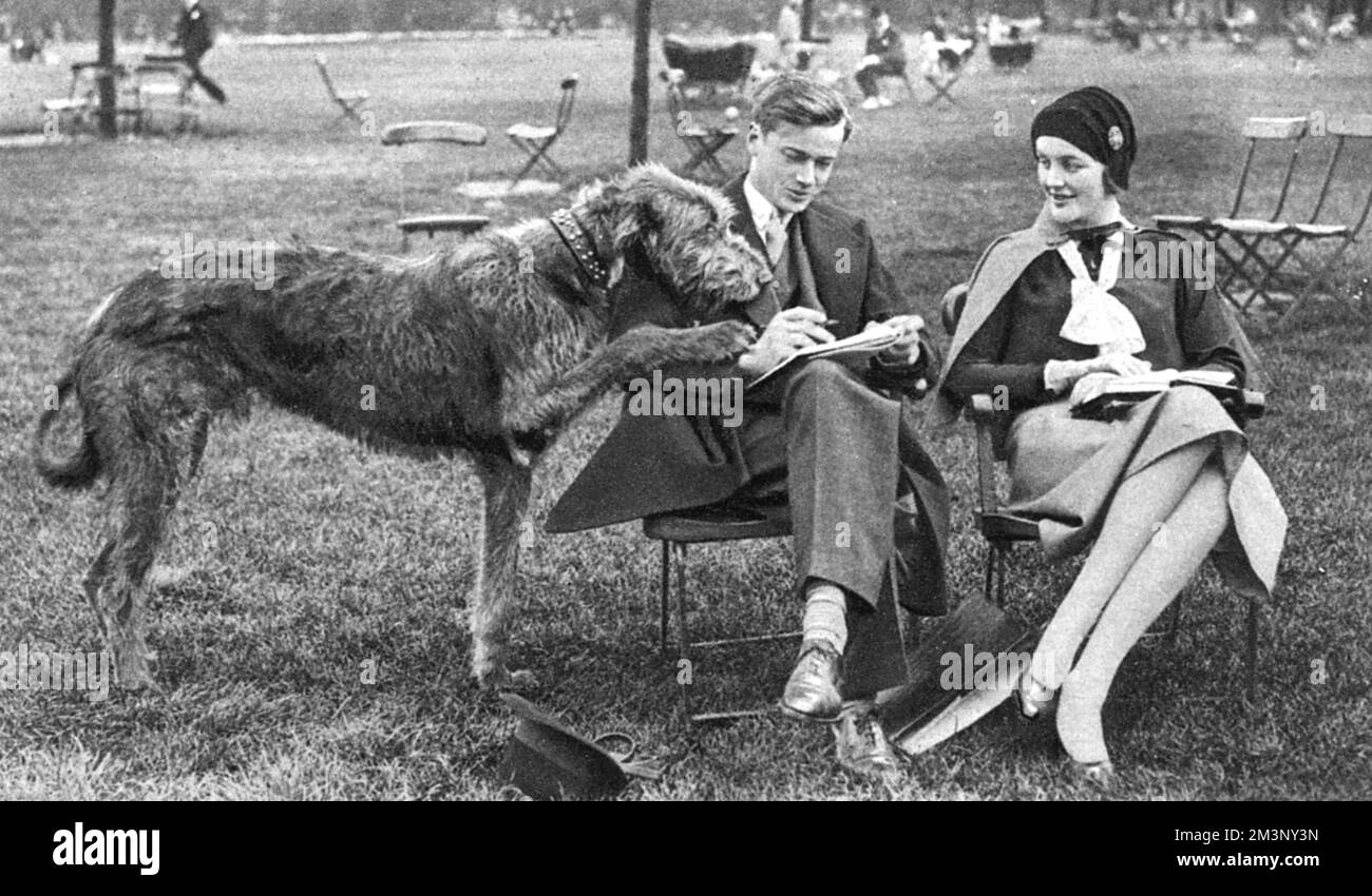 Mr and Mrs Bryan Guinness (1910 - 2003), formerly Miss Diana Freeman Mitford, later Lady Mosley, pictured enjoying a 'quiet half-hour' in Hyde Park in 1930 with their immense Irish wolfhound.     Date: 1930 Stock Photo